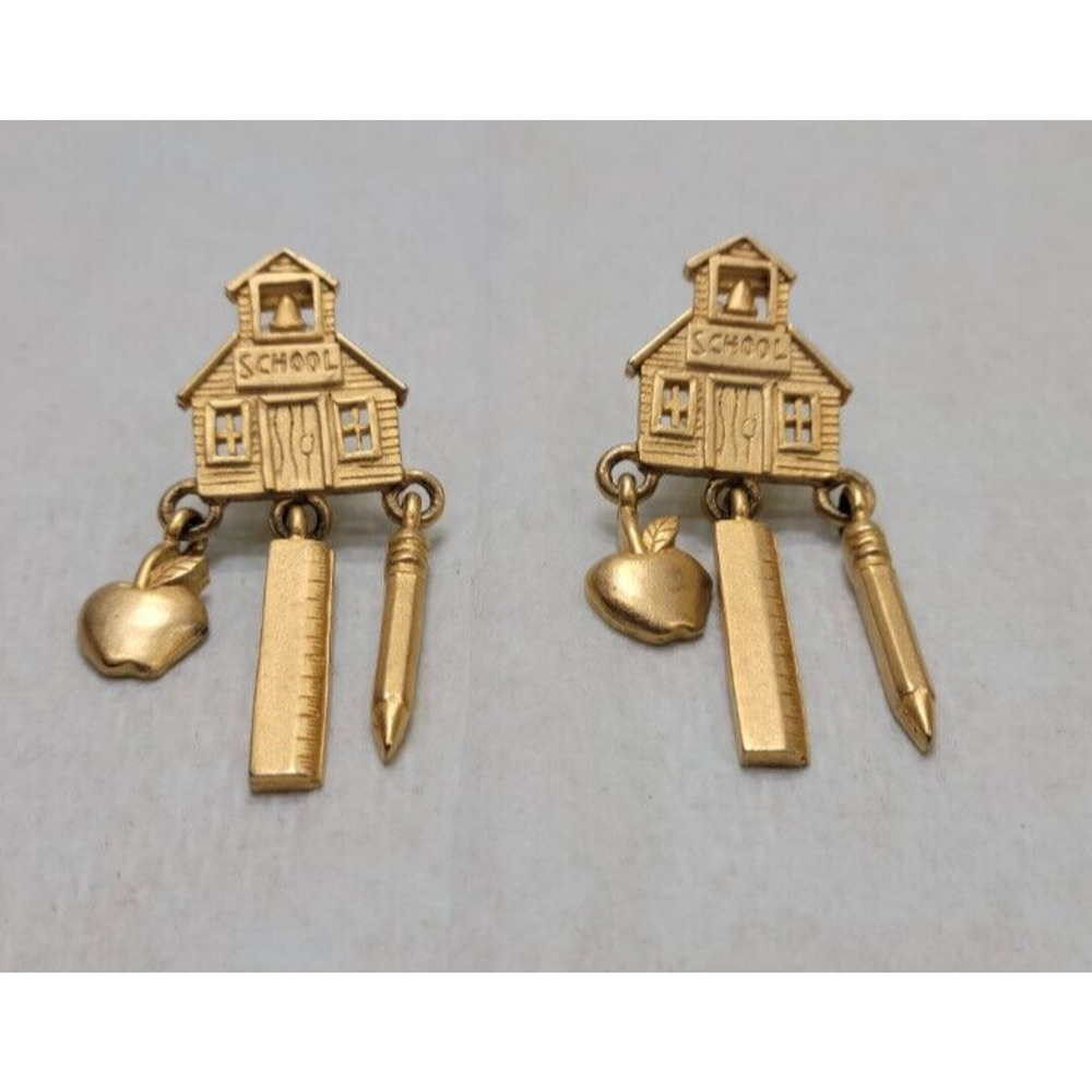 JJ Jonette Shiny Gold School House Hanging Charms Brooch x2 2"H x 1"W